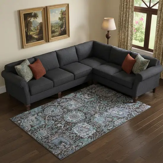 Chocolate And Teal Damask Washable Area Rug With UV Protection Photo 2