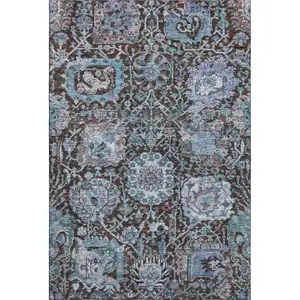 Photo of Chocolate And Teal Damask Washable Area Rug With UV Protection