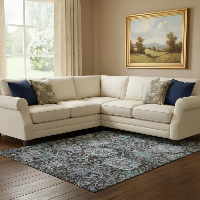 Chocolate And Teal Damask Washable Area Rug With UV Protection Photo 2