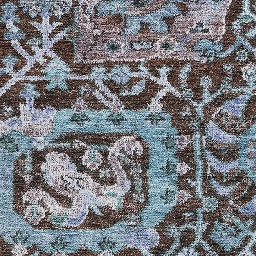 Chocolate And Teal Damask Washable Area Rug With UV Protection Photo 2