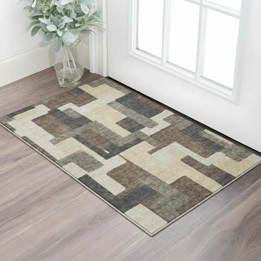 Chocolate Beige And Black Abstract Geometric Washable Area Rug With UV Protection Photo 2