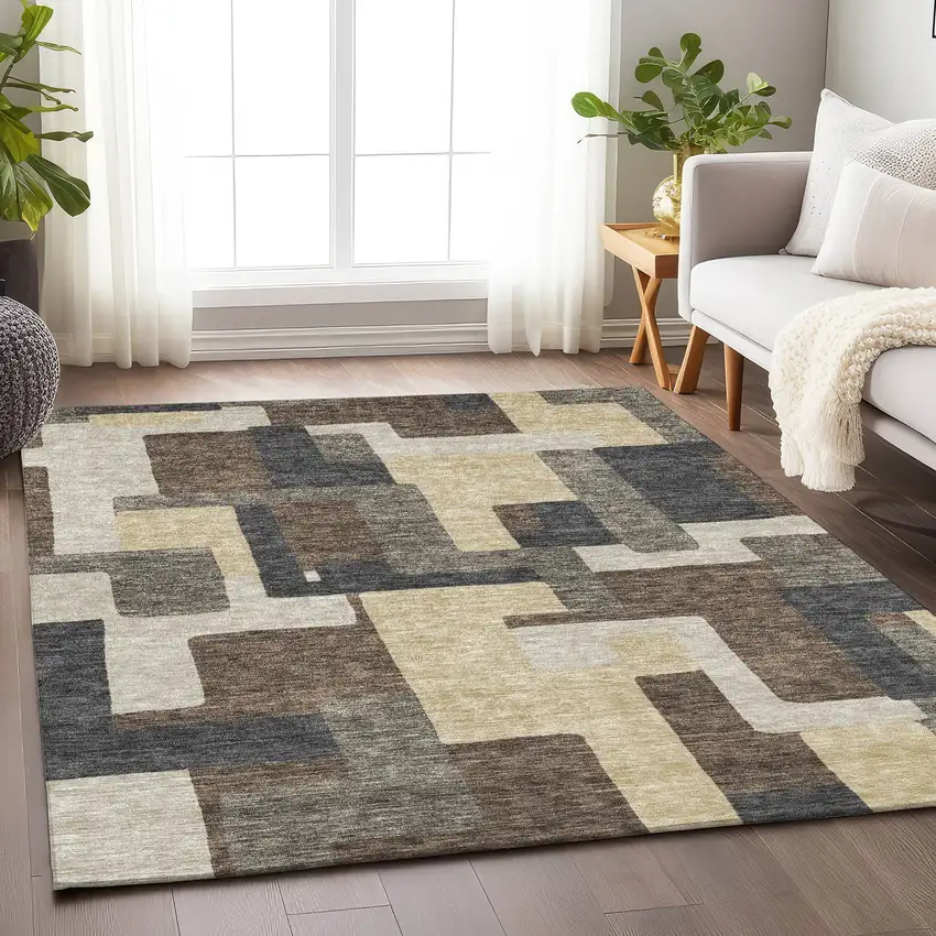 Chocolate Beige And Black Abstract Geometric Washable Area Rug With UV Protection Photo 5