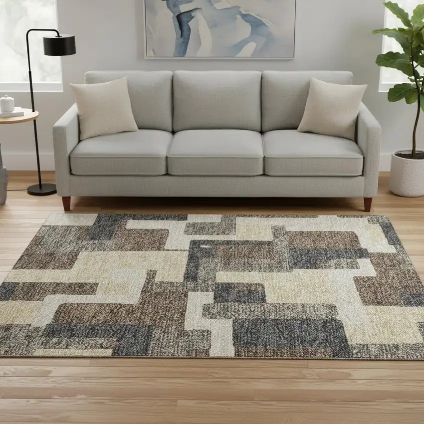 Chocolate Beige And Black Abstract Geometric Washable Area Rug With UV Protection Photo 2