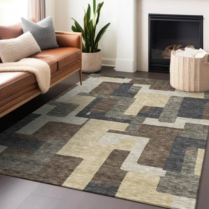 Chocolate Beige And Black Abstract Geometric Washable Area Rug With UV Protection Photo 6