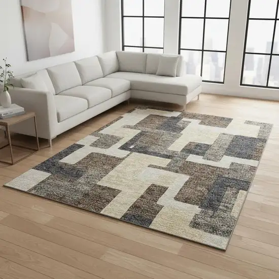 Chocolate Beige And Black Abstract Geometric Washable Area Rug With UV Protection Photo 2