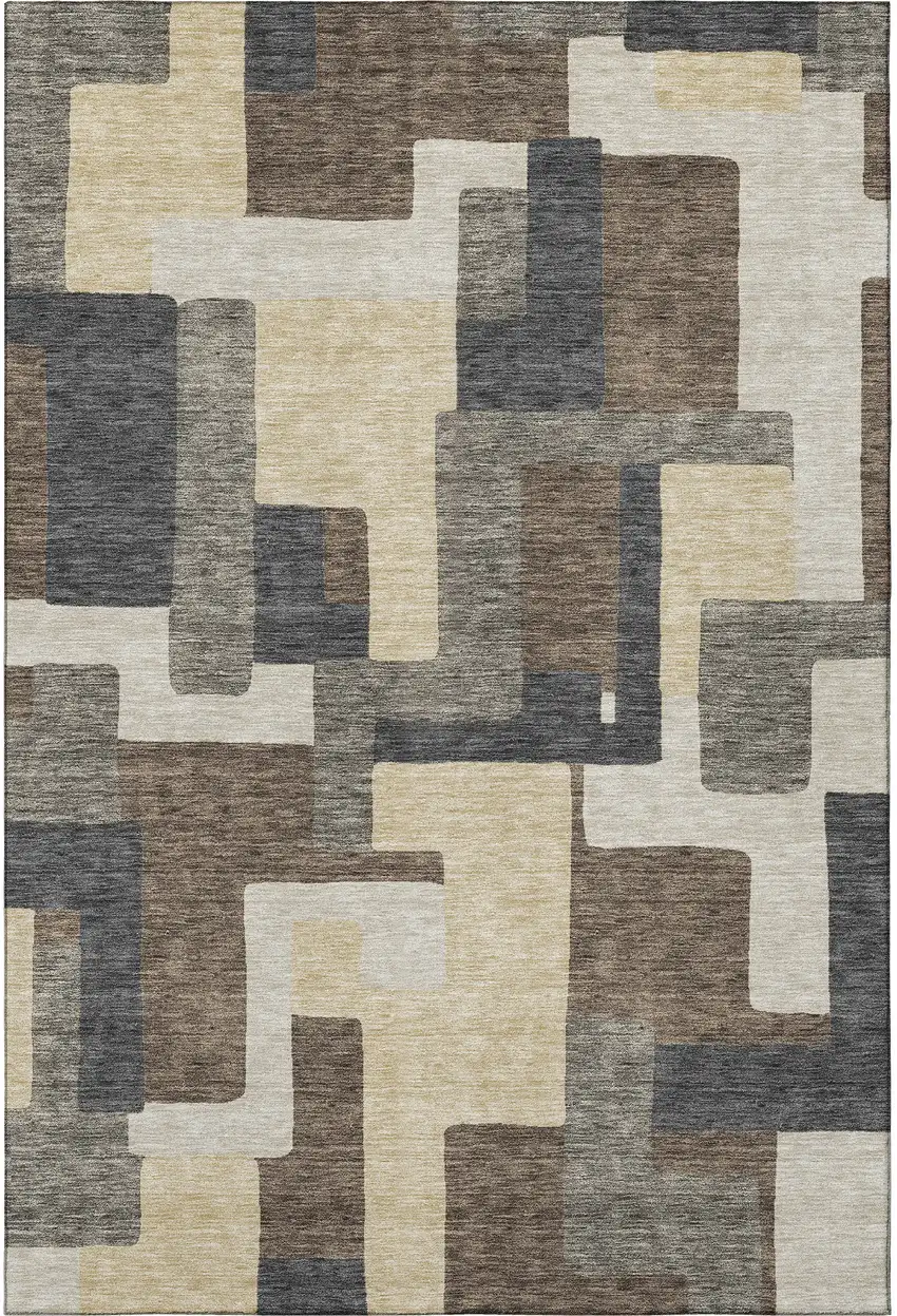 Chocolate Beige And Black Abstract Geometric Washable Area Rug With UV Protection Photo 4