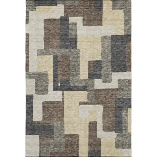 Chocolate Beige And Black Abstract Geometric Washable Area Rug With UV Protection Photo 1