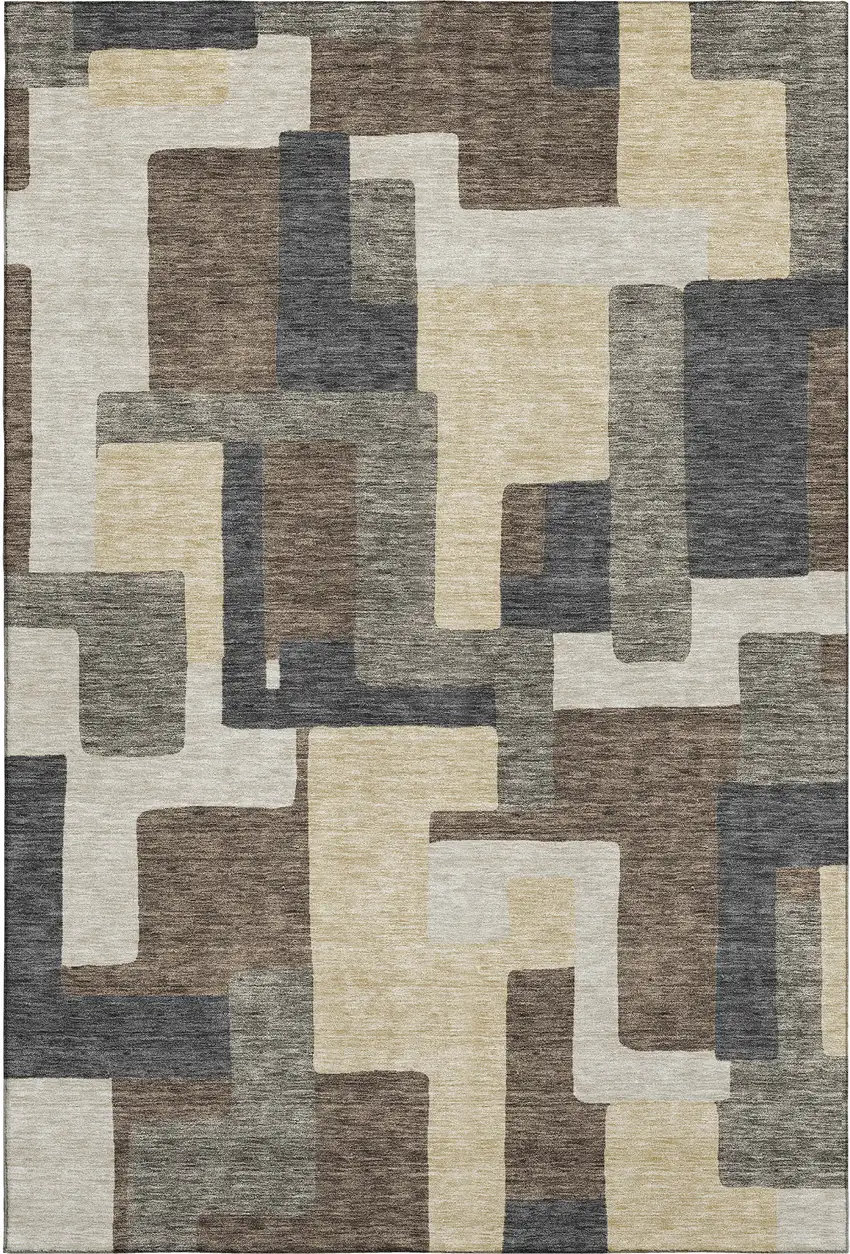 Chocolate Beige And Black Abstract Geometric Washable Area Rug With UV Protection Photo 1
