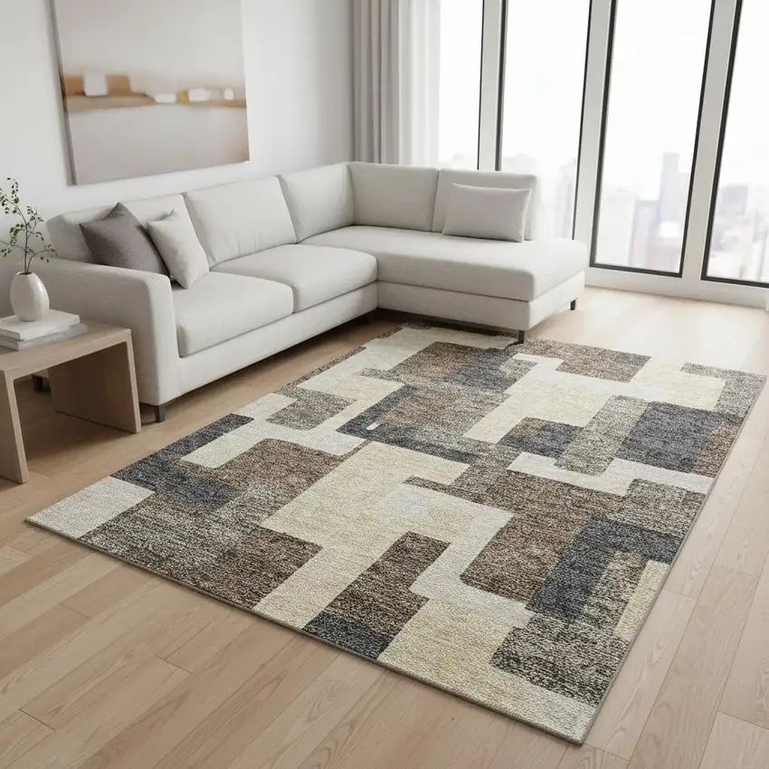 Chocolate Beige And Black Abstract Geometric Washable Area Rug With UV Protection Photo 2