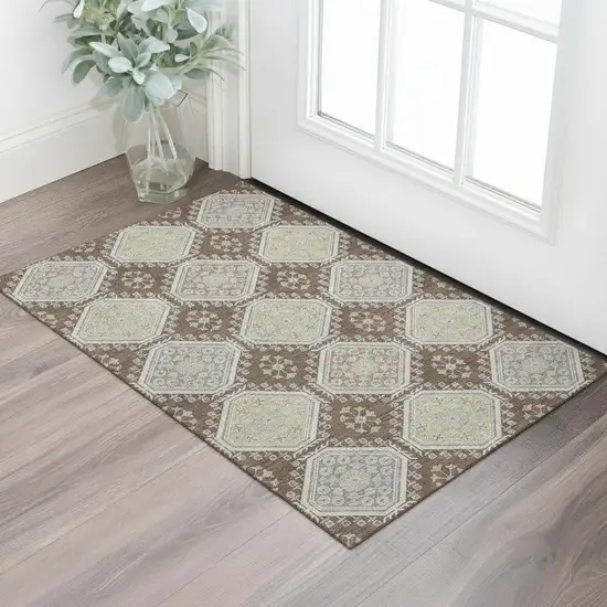 Chocolate Beige And Blue Floral Washable Area Rug With UV Protection Photo 2