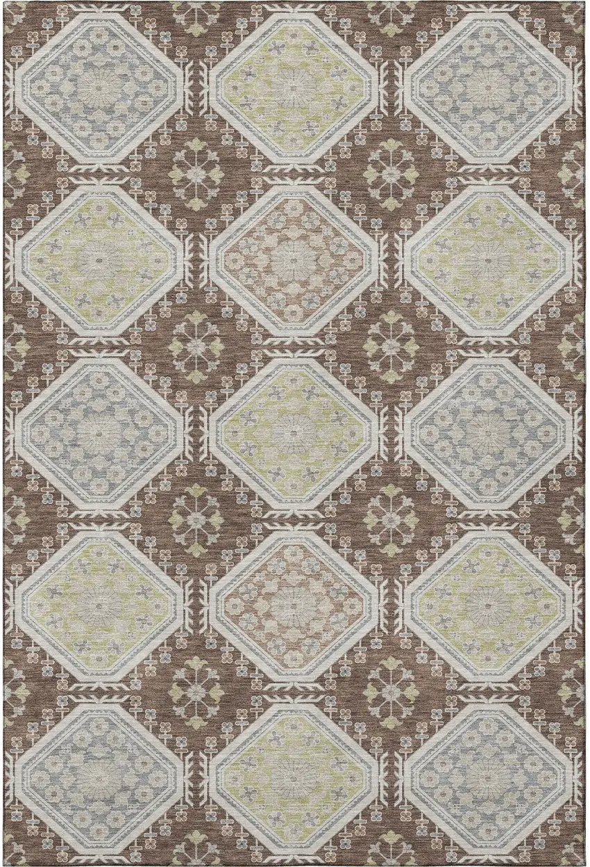 Chocolate Beige And Blue Floral Washable Area Rug With UV Protection Photo 2