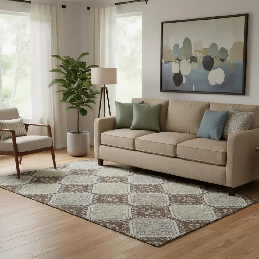 Chocolate Beige And Blue Floral Washable Area Rug With UV Protection Photo 2