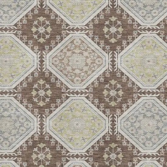 Chocolate Beige And Blue Floral Washable Area Rug With UV Protection Photo 2