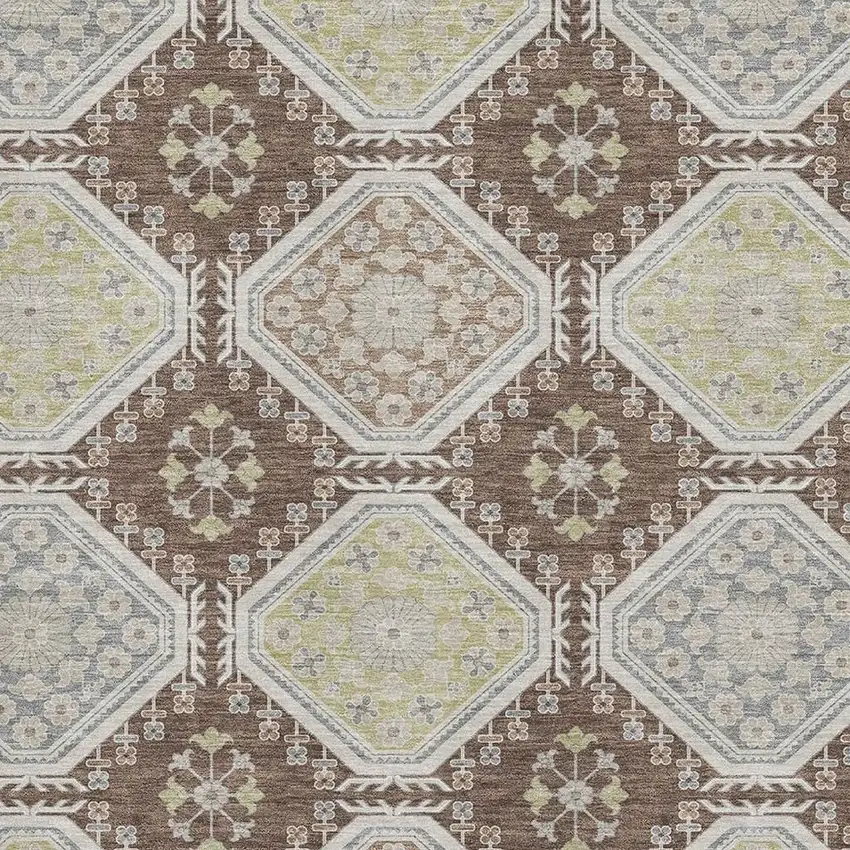 Chocolate Beige And Blue Floral Washable Area Rug With UV Protection Photo 2