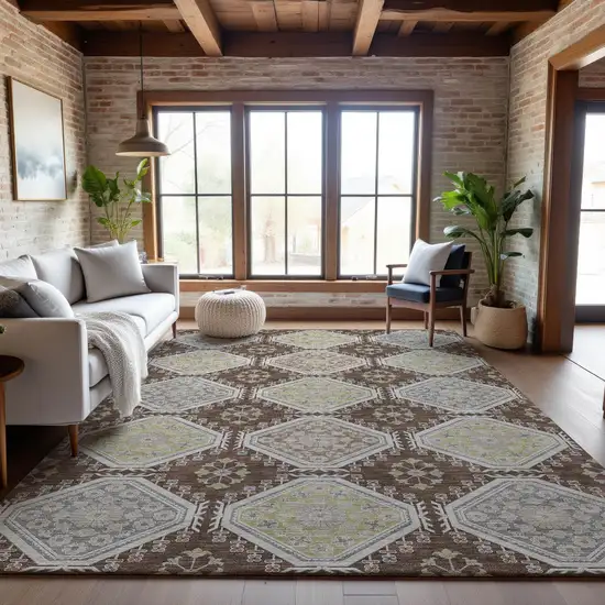 Chocolate Beige And Blue Floral Washable Area Rug With UV Protection Photo 4