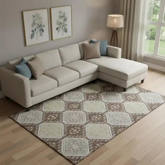 Chocolate Beige And Blue Floral Washable Area Rug With UV Protection Photo 2