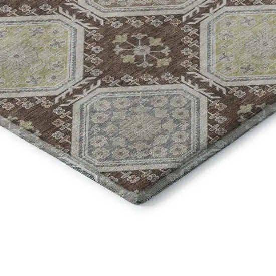 Chocolate Beige And Blue Floral Washable Area Rug With UV Protection Photo 7