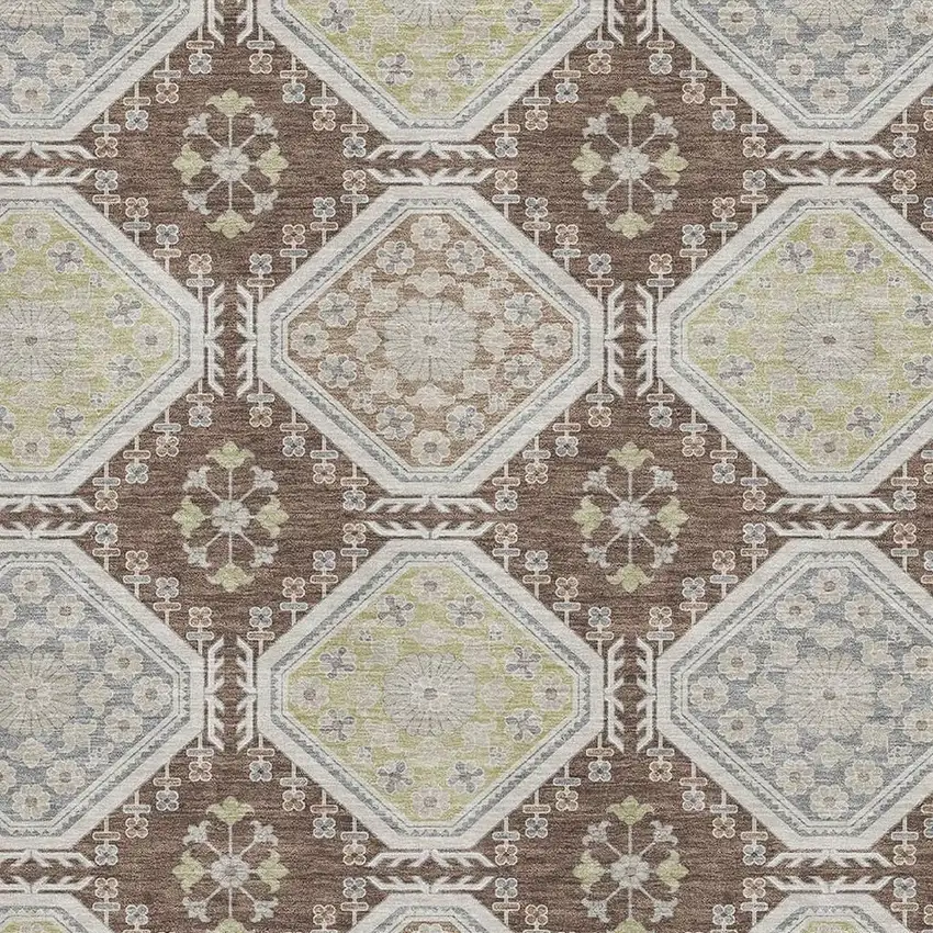 Chocolate Beige And Blue Floral Washable Area Rug With UV Protection Photo 2