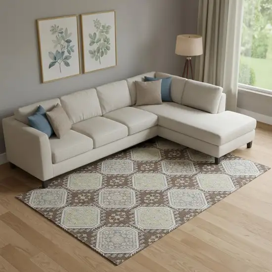 Chocolate Beige And Blue Floral Washable Area Rug With UV Protection Photo 2