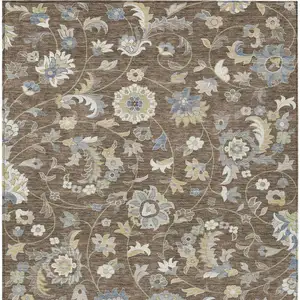 Photo of Chocolate Beige And Blue Floral Washable Indoor Outdoor Area Rug