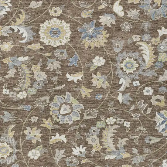 Chocolate Beige And Blue Floral Washable Indoor Outdoor Area Rug Photo 6