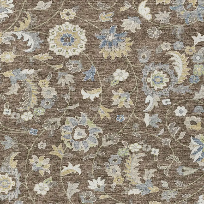 Chocolate Beige And Blue Floral Washable Indoor Outdoor Area Rug Photo 6