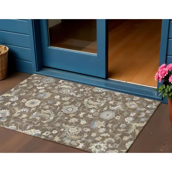 Chocolate Beige And Blue Floral Washable Indoor Outdoor Area Rug Photo 1