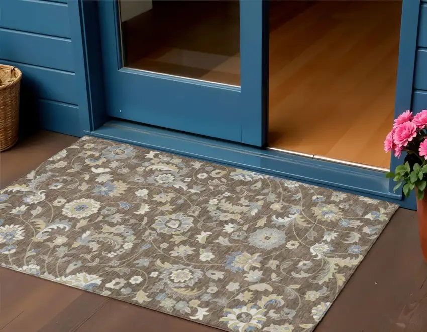 Chocolate Beige And Blue Floral Washable Indoor Outdoor Area Rug Photo 1