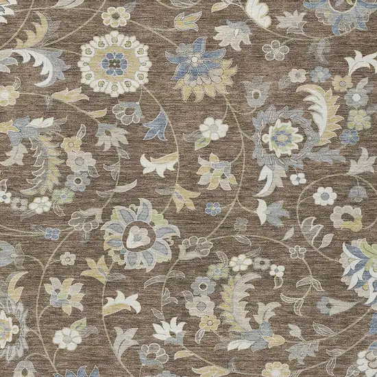 Chocolate Beige And Blue Floral Washable Indoor Outdoor Area Rug Photo 6
