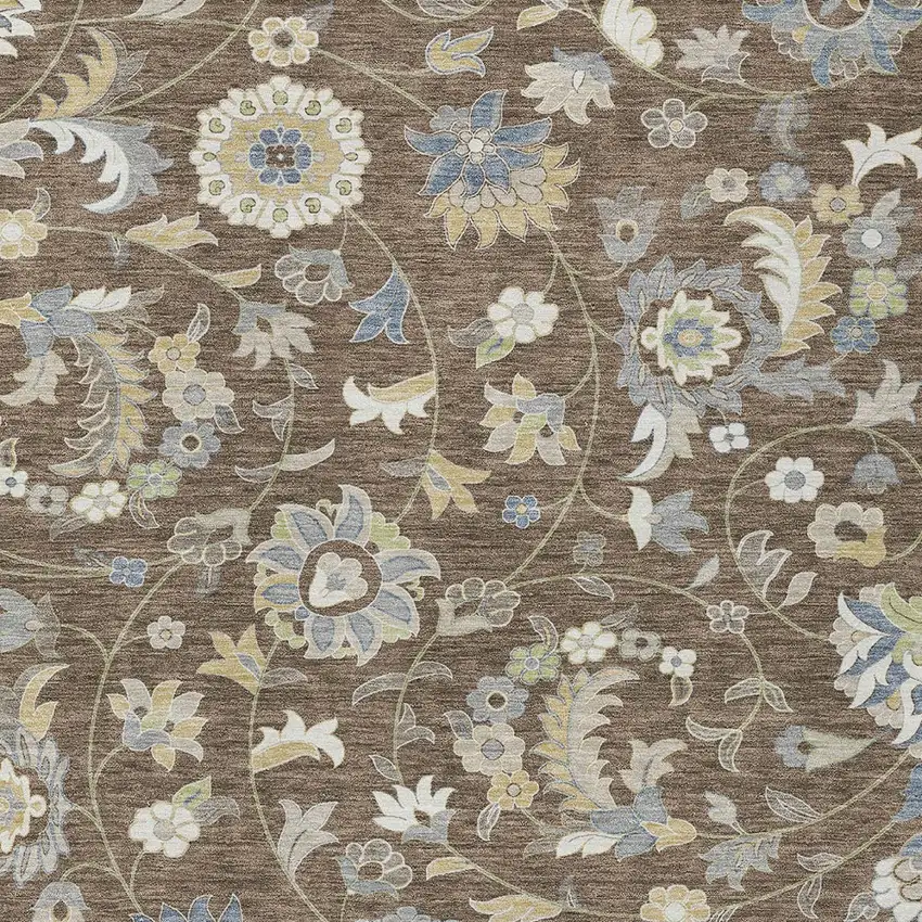 Chocolate Beige And Blue Floral Washable Indoor Outdoor Area Rug Photo 6