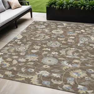 Photo of Chocolate Beige And Blue Floral Washable Indoor Outdoor Area Rug