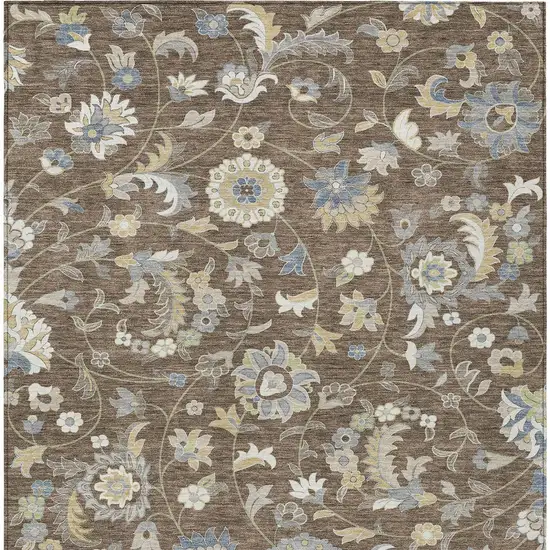 Chocolate Beige And Blue Floral Washable Indoor Outdoor Area Rug Photo 7