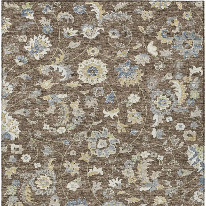 Chocolate Beige And Blue Floral Washable Indoor Outdoor Area Rug Photo 7