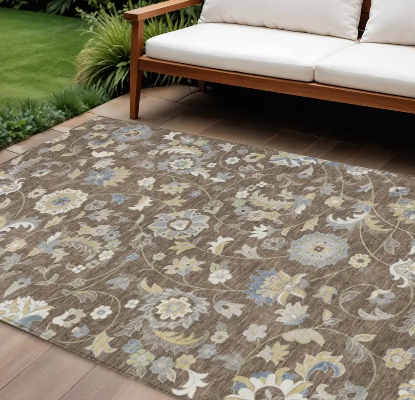 Chocolate Beige And Blue Floral Washable Indoor Outdoor Area Rug Photo 1