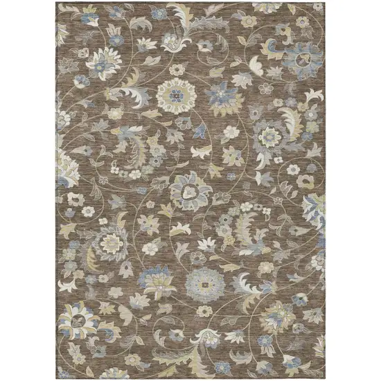 Chocolate Beige And Blue Floral Washable Indoor Outdoor Area Rug Photo 2