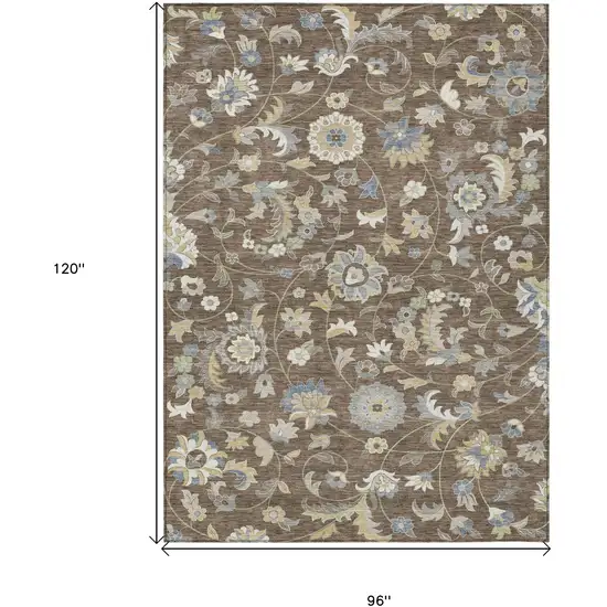 Chocolate Beige And Blue Floral Washable Indoor Outdoor Area Rug Photo 3