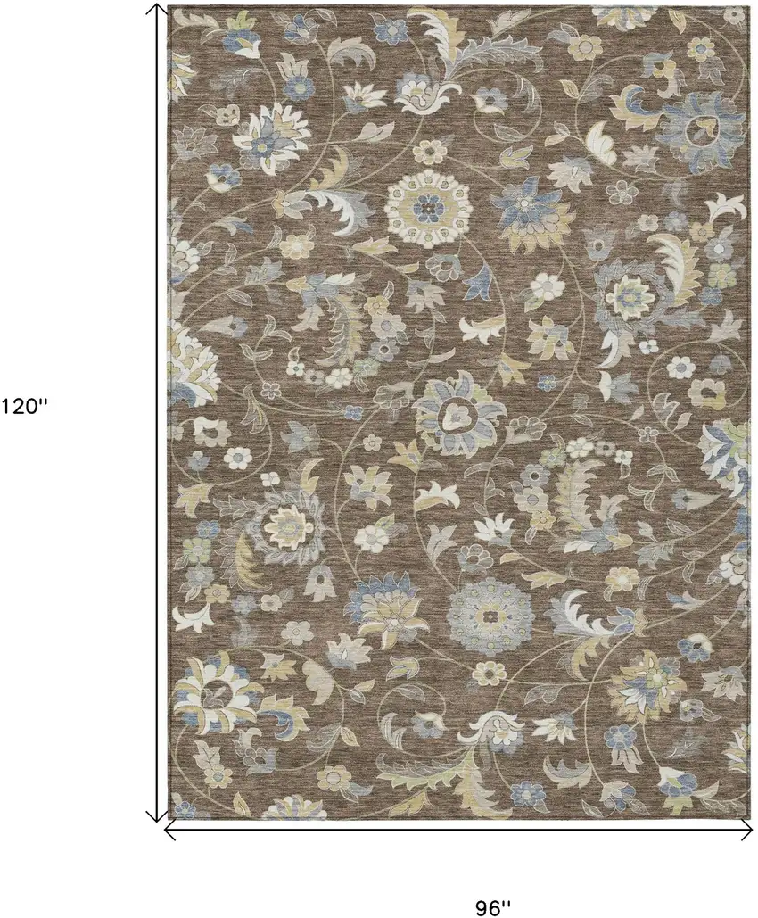 Chocolate Beige And Blue Floral Washable Indoor Outdoor Area Rug Photo 3