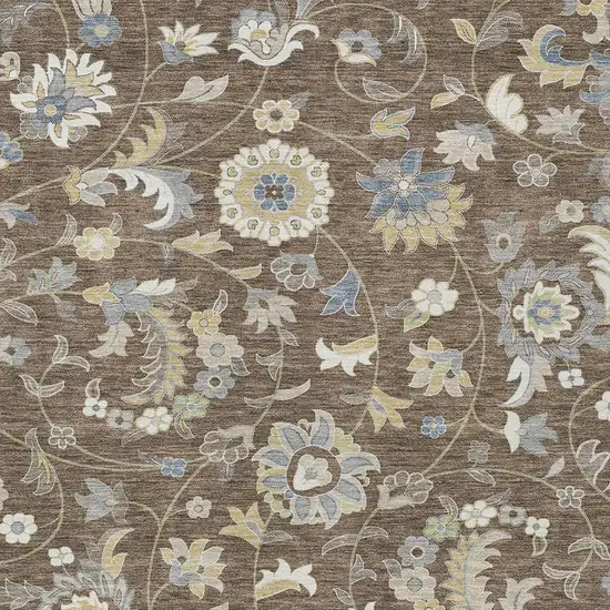 Chocolate Beige And Blue Floral Washable Indoor Outdoor Area Rug Photo 6