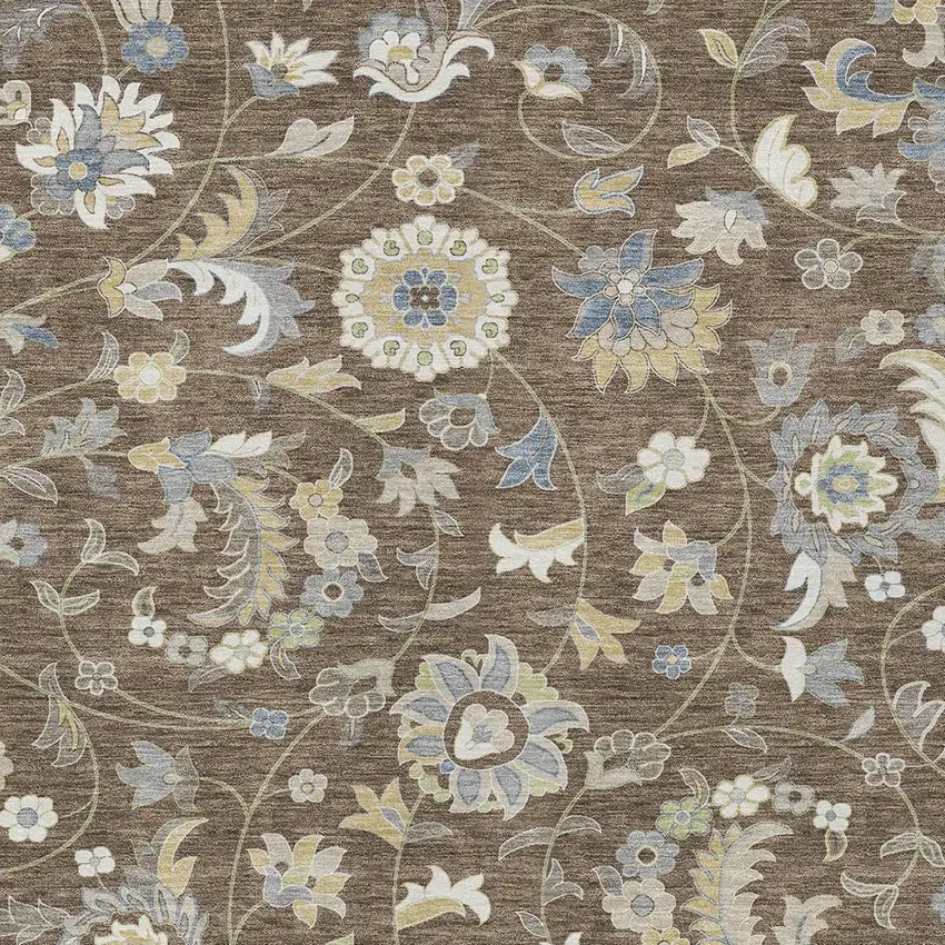 Chocolate Beige And Blue Floral Washable Indoor Outdoor Area Rug Photo 6