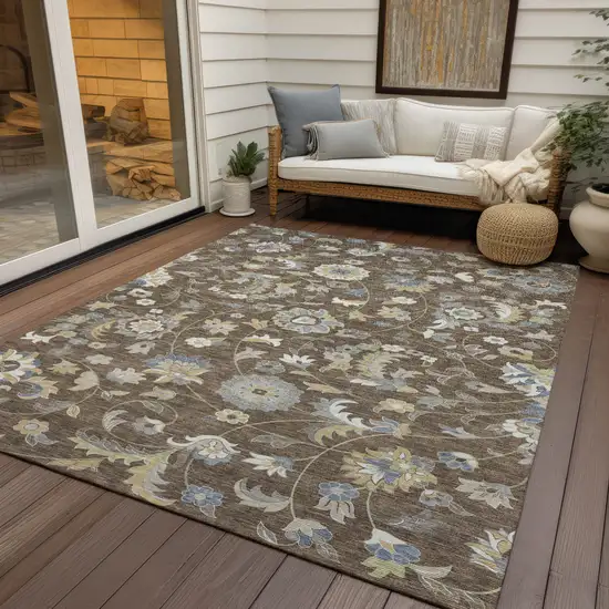 Chocolate Beige And Blue Floral Washable Indoor Outdoor Area Rug Photo 8