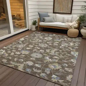 Photo of Chocolate Beige And Blue Floral Washable Indoor Outdoor Area Rug