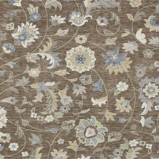 Chocolate Beige And Blue Floral Washable Indoor Outdoor Area Rug Photo 6