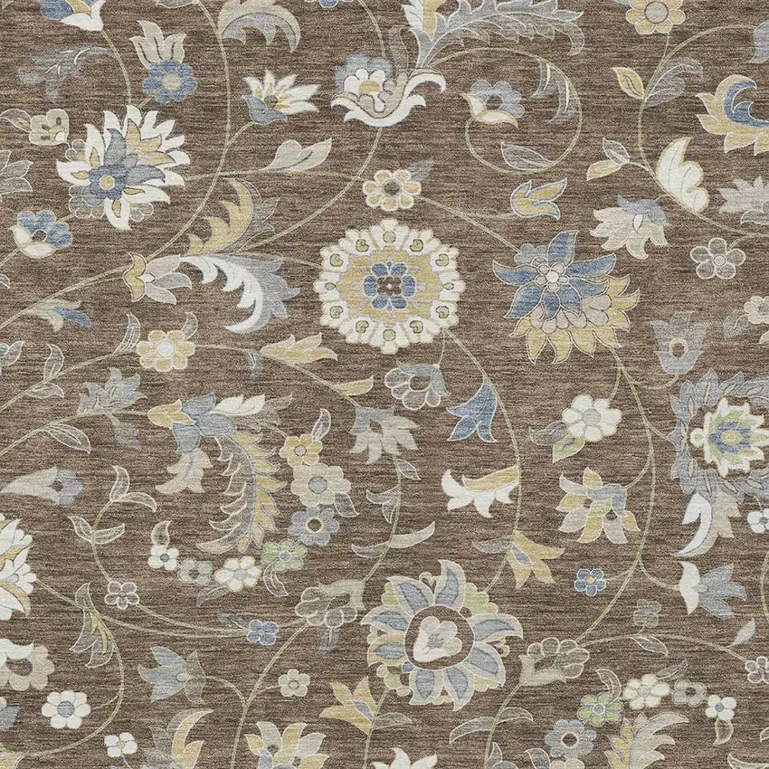 Chocolate Beige And Blue Floral Washable Indoor Outdoor Area Rug Photo 6