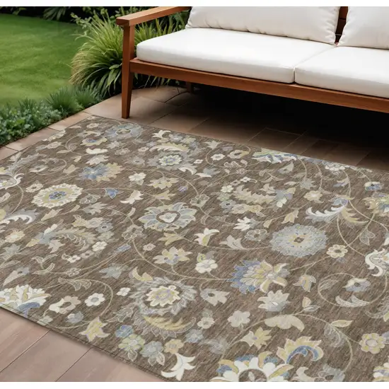 Chocolate Beige And Blue Floral Washable Indoor Outdoor Area Rug Photo 1