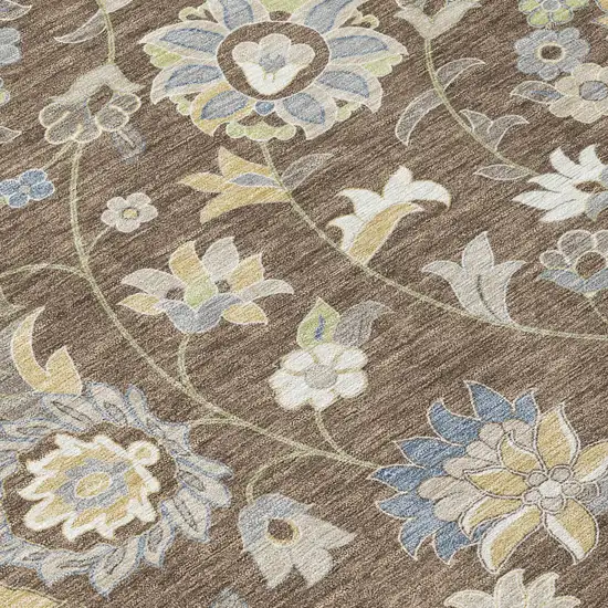 Chocolate Beige And Blue Floral Washable Indoor Outdoor Area Rug Photo 5