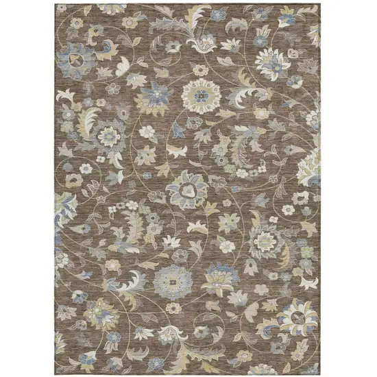 Chocolate Beige And Blue Floral Washable Indoor Outdoor Area Rug Photo 7