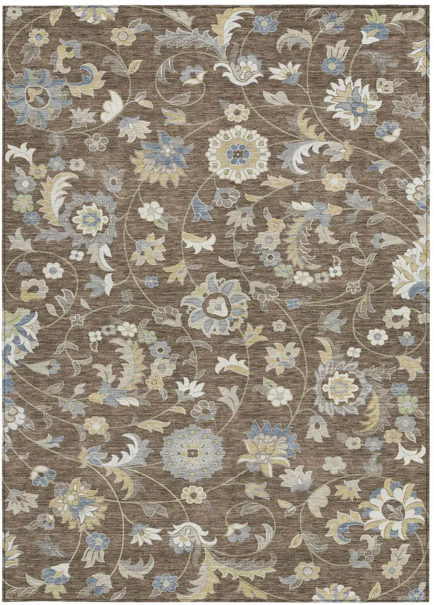 Chocolate Beige And Blue Floral Washable Indoor Outdoor Area Rug Photo 7