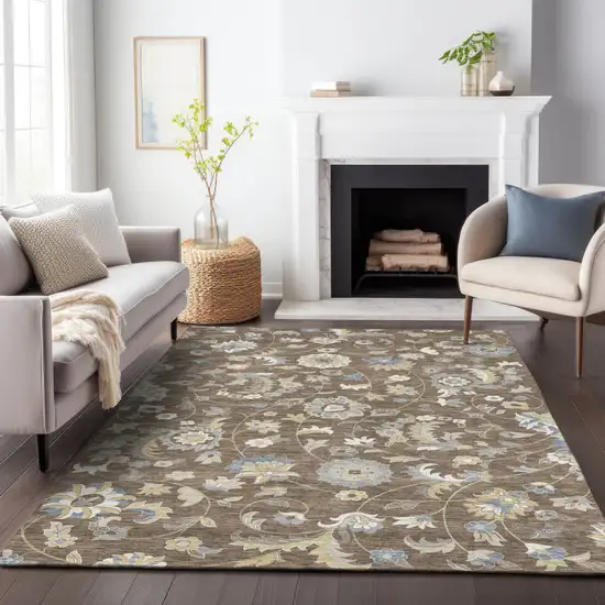 Chocolate Beige And Blue Floral Washable Indoor Outdoor Area Rug Photo 9