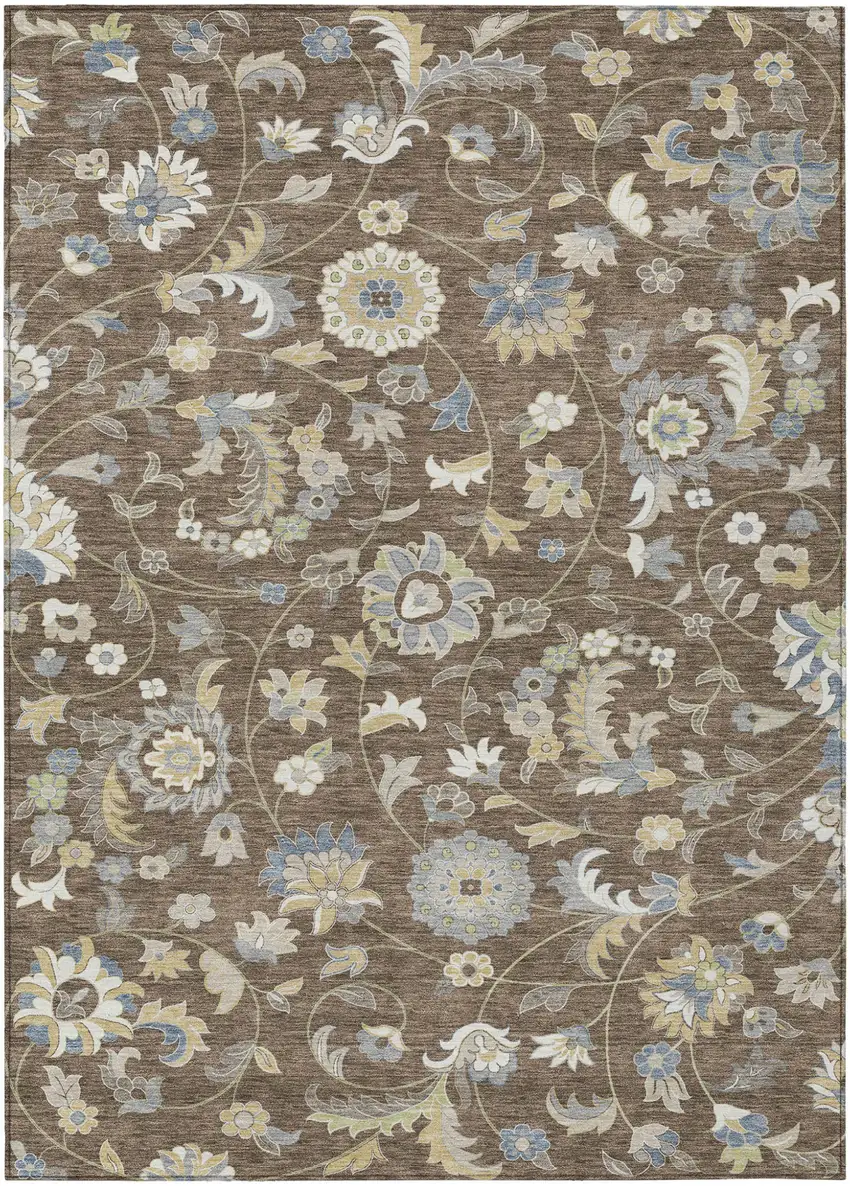 Chocolate Beige And Blue Floral Washable Indoor Outdoor Area Rug Photo 2
