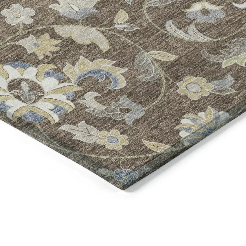 Chocolate Beige And Blue Floral Washable Indoor Outdoor Area Rug Photo 4